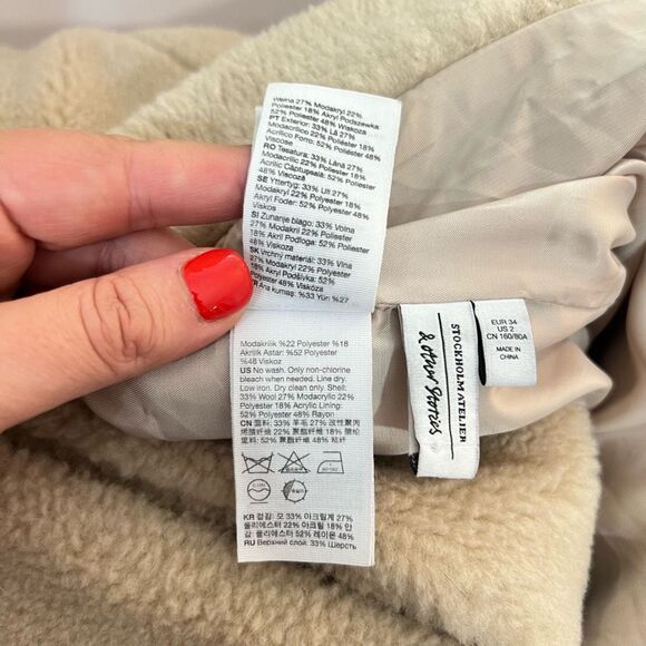 & Other Stories Cream Notch Lapel Mid Length Teddy Pea Coat Size 2 - Picture 9 of 10